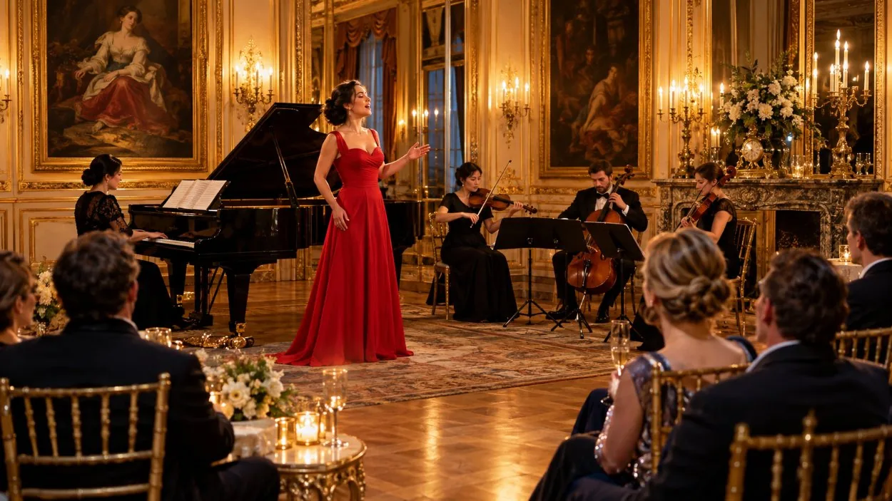 Les salons de réception de l'hôtel André, le soir, quand les visiteurs de jour sont partis