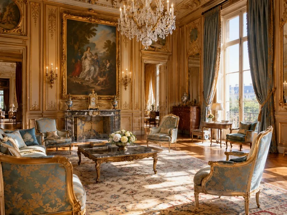 Grand salon du musée Jacquemart-André, boiseries dorées et tableaux dans la lumière du matin