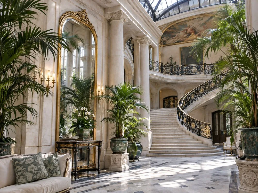 Jardin d'hiver de l'hôtel André, marbres, palmiers et escalier à double révolution