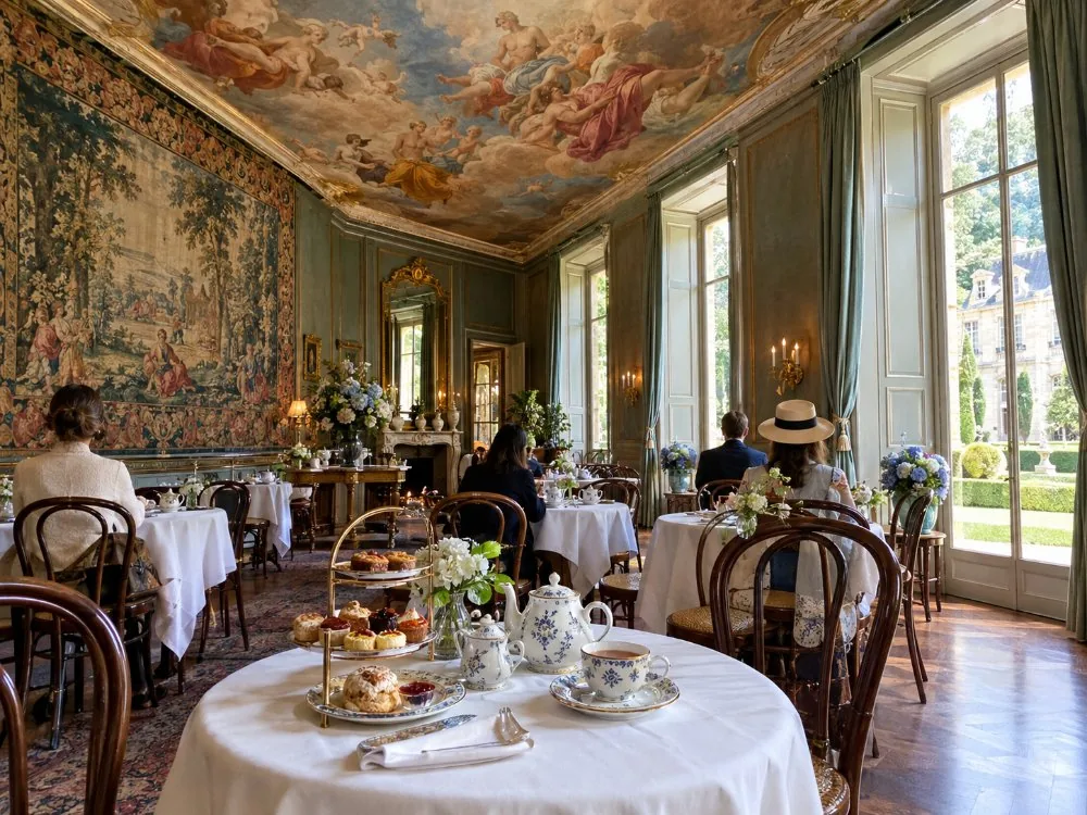 Le salon de thé sous le plafond peint de l'ancienne salle à manger, nappes blanches